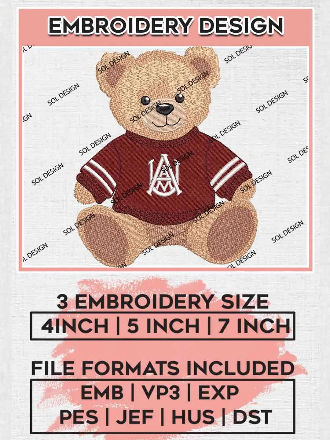 Alabama AM Bulldogs Teddy Bear Embroidery Design, Football Embroidery files, Sport Machine embroidery files, 3 sizes, Instant Download