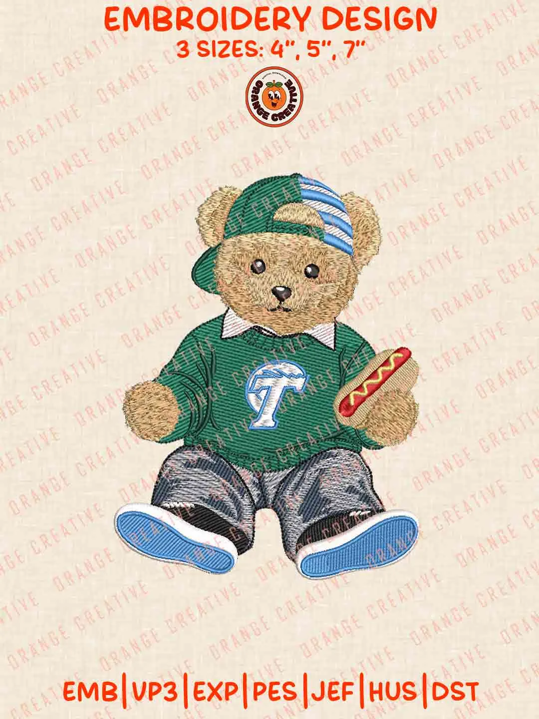 Tulane Green Wave Teddy Bear Logo Embroidery Design, NCAA Tulane Green Wave Team Machine Embroidery Digitized Pes File, 4 Sizes, Custom Size, Instant Download