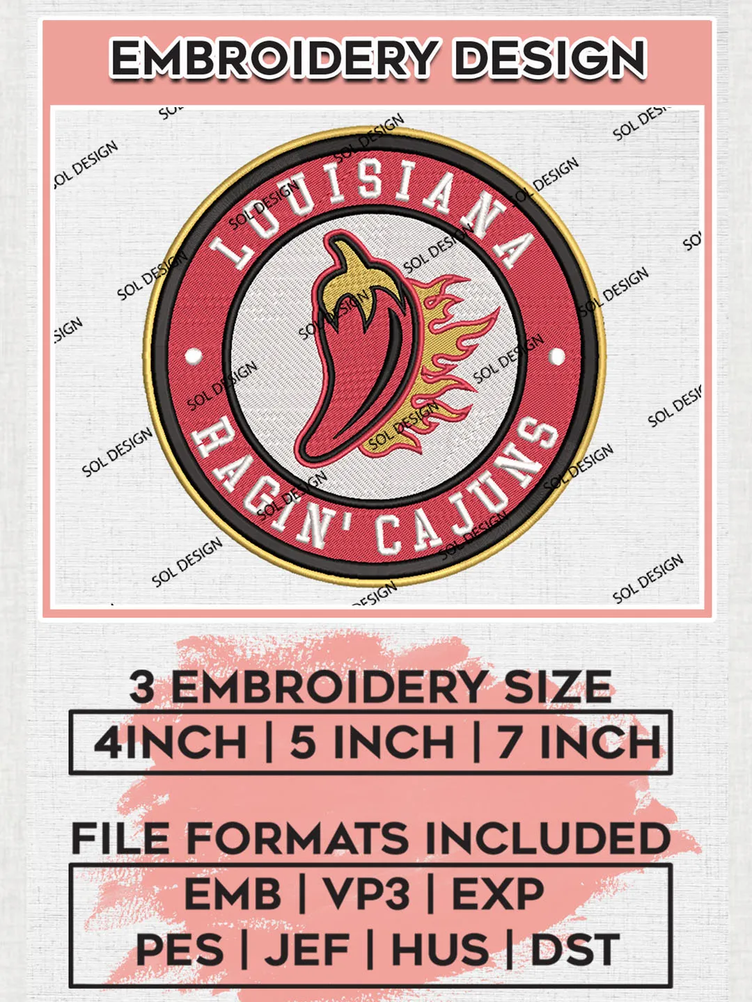NCAA Louisiana Ragin Cajuns Round Logo Embroidery, NCAA Louisiana Ragin Logo Embroidery files, NCAA Teams, Machine embroidery designs, Digital Download
