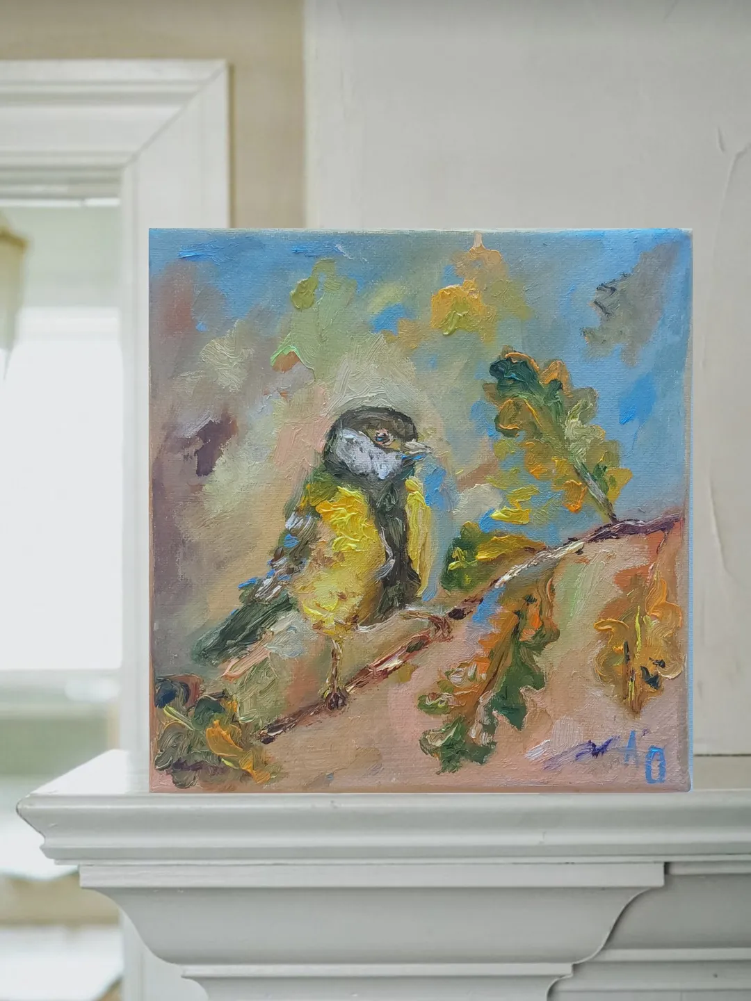 Oil painting on canvas "Birds. Tit". 20x20 cm (8x8 inches)