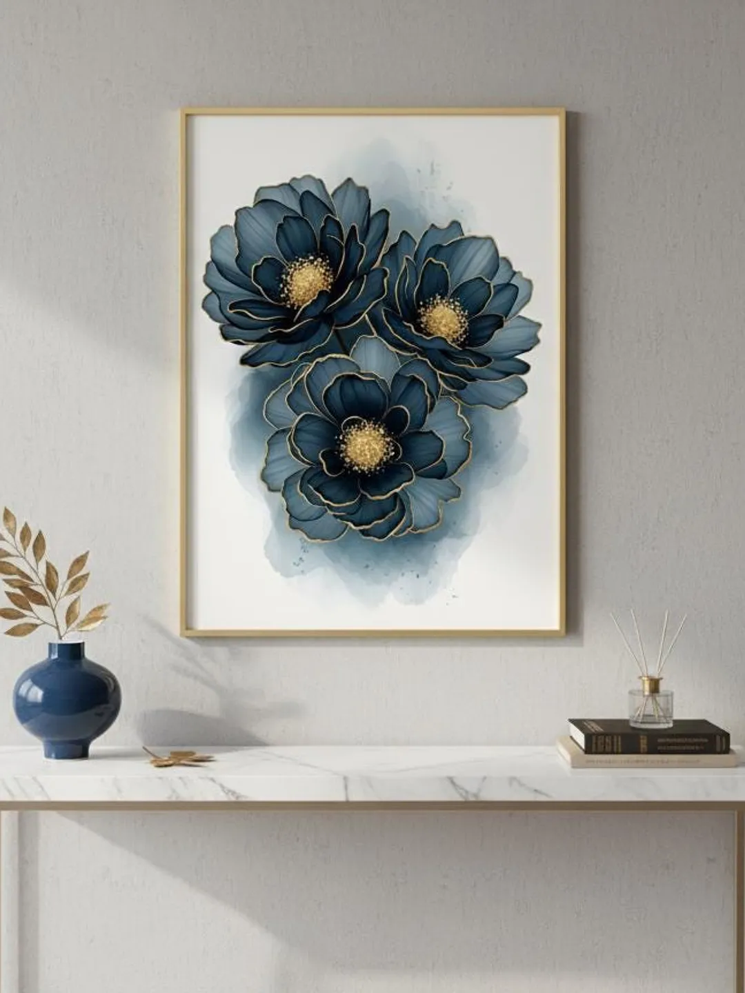 Navy Blue Gold Floral Art Print | Modern Dark Flower Poster Home Decor