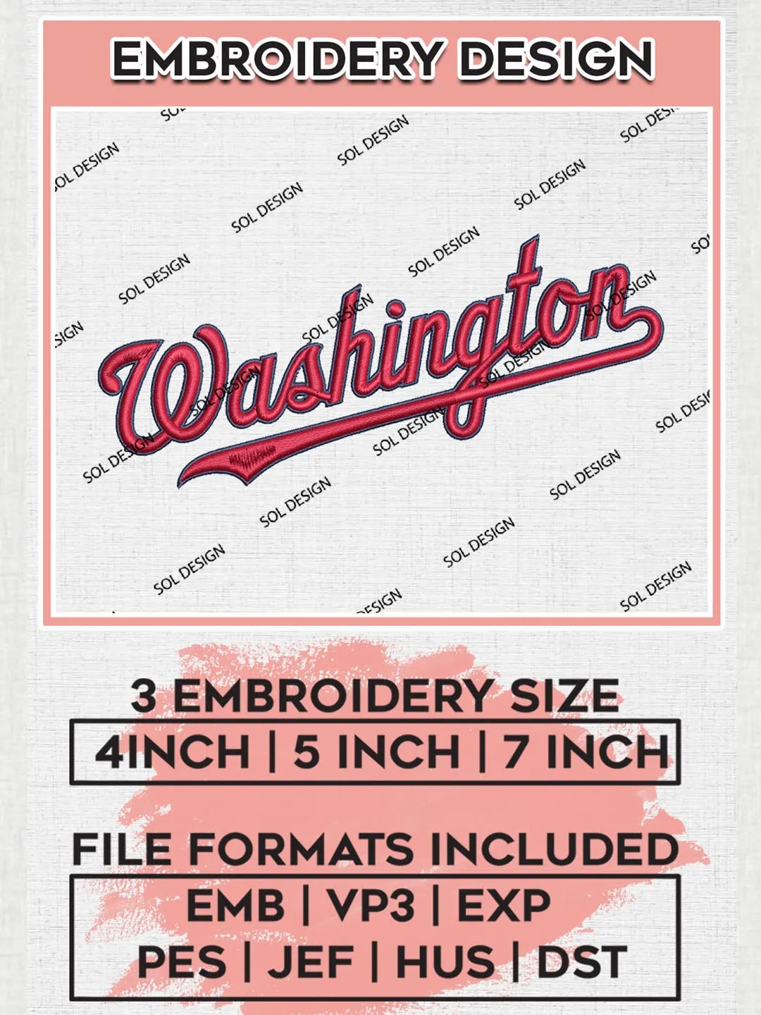 MLB Washington Wordmark Machine Embroidery Design Files, MLB Washington Nationals Team Embroidery, MLB Teams, 3 sizes, MLB Machine embroidery designs, Digital Download