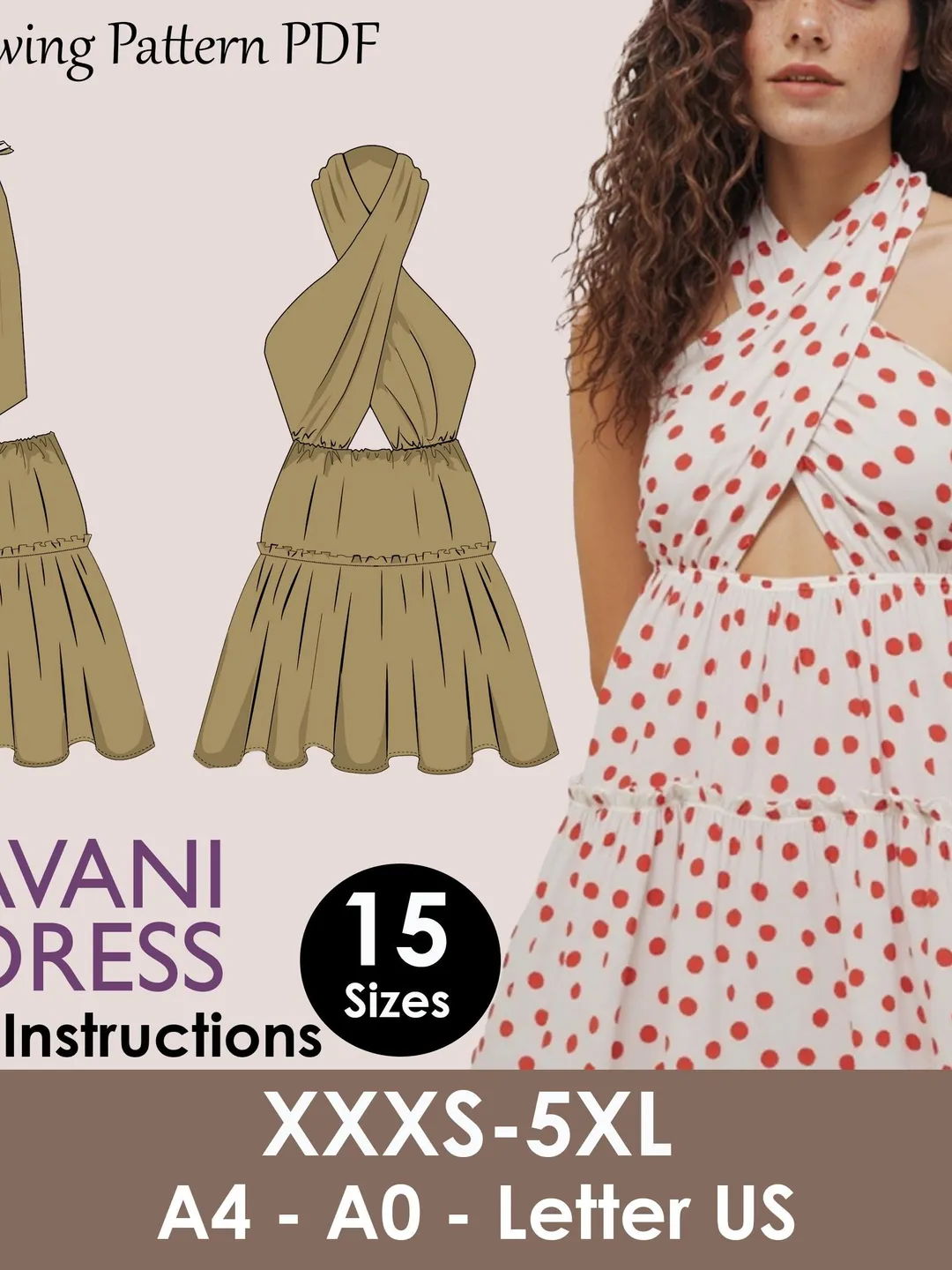 ELIANNA Dress- halter dress | Sleeveless | Women summer dress sewing pattern  | short dress sewing pattern | PDF V shape neck and backline.
