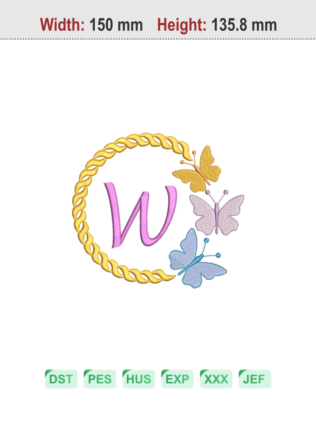 Butterfly Wreath Letter W Machine Embroidery Design