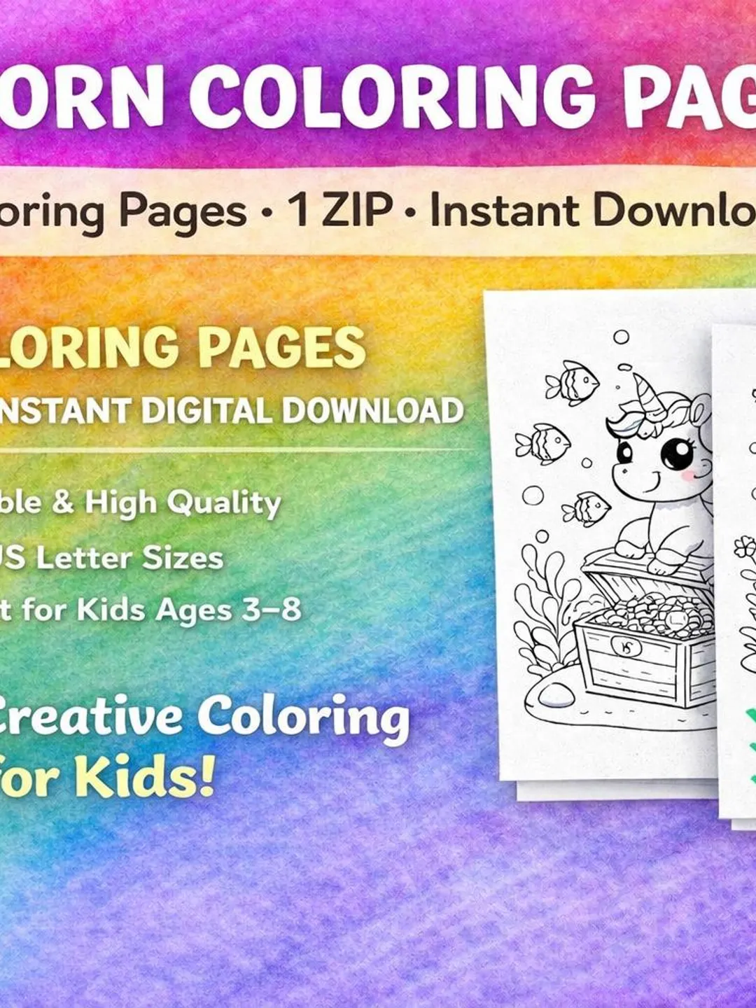 Unicorn Coloring Pages for Kids Ages 3–8 | 61 Printable PDF | Instant ...
