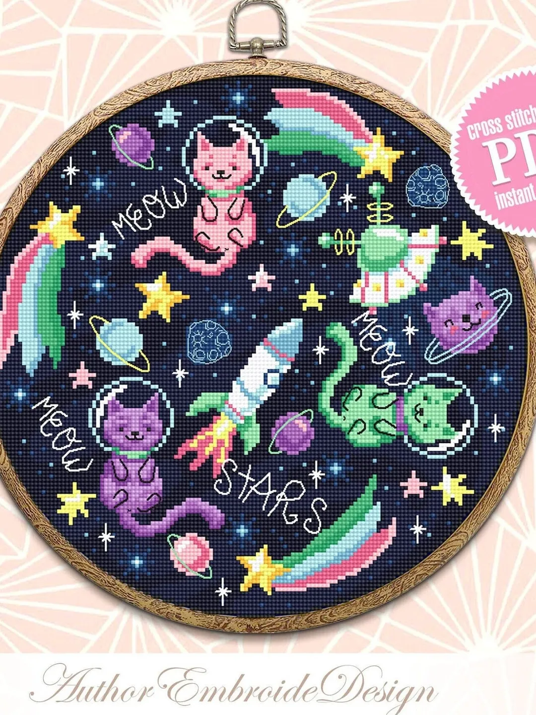 Space cat cross stitch pattern PDF download Funny cat in space cross stitch chart, Astronaut cat embroidery PDF, Outer space, Cat art #K59