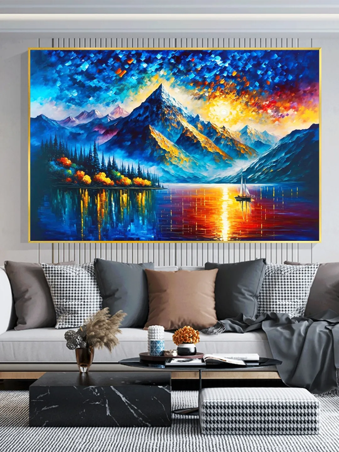Large Original Mountain Scenery Oil Painting On Canvas, Abstract Lake View Painting, Colorful Landscape, Custom Painting, Bedroom Wall Art