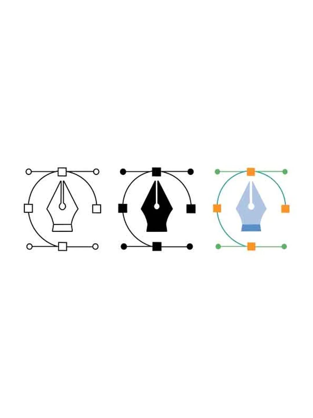 Pen tool icon set bezier curve with fountain pen nib outline solid and ...