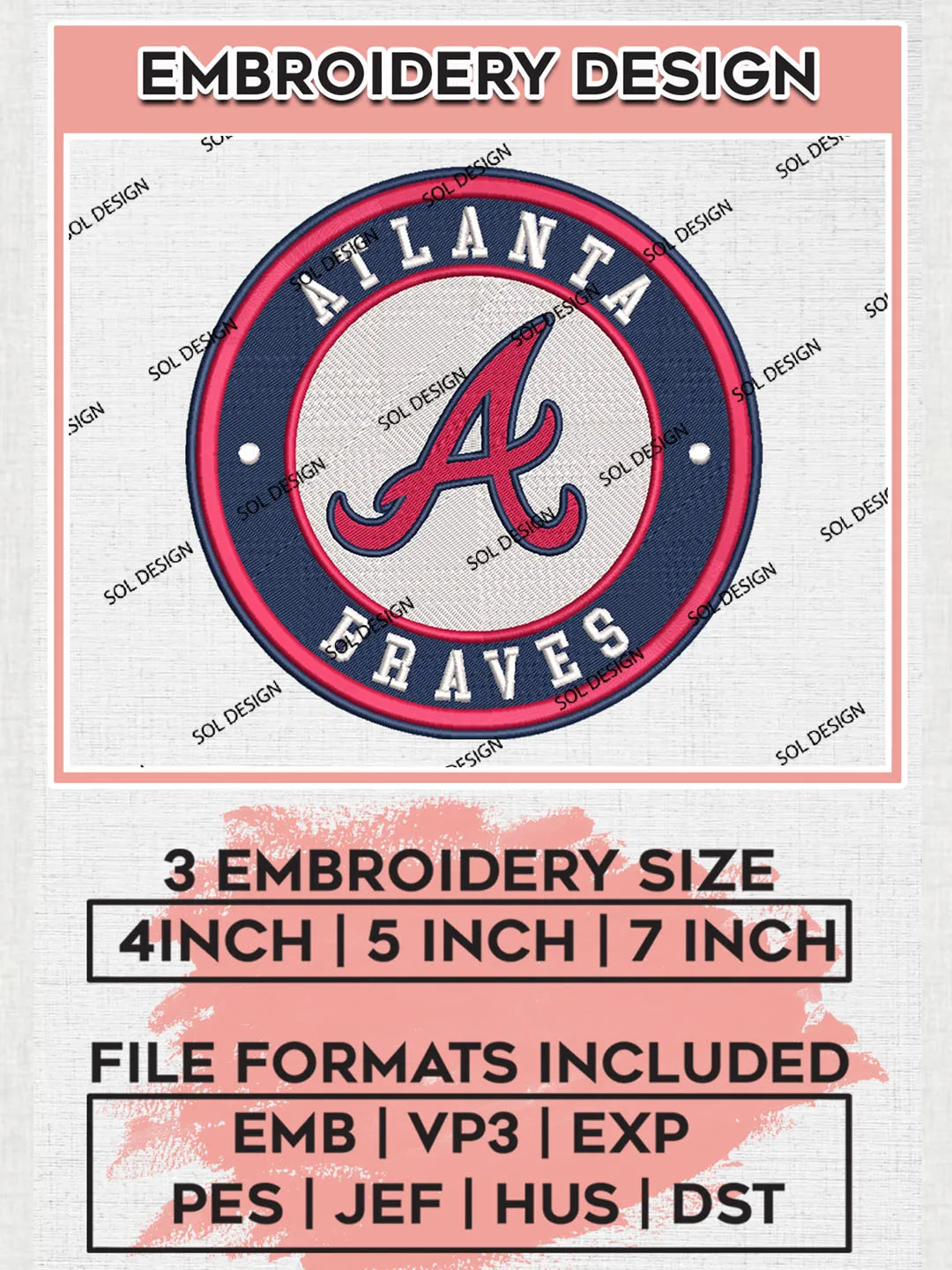 Atlanta Braves Team Logo Embroidery Design, MLB Team Embroidery files, Atlanta Braves Baseball Team, Atlanta Team, Digital Download