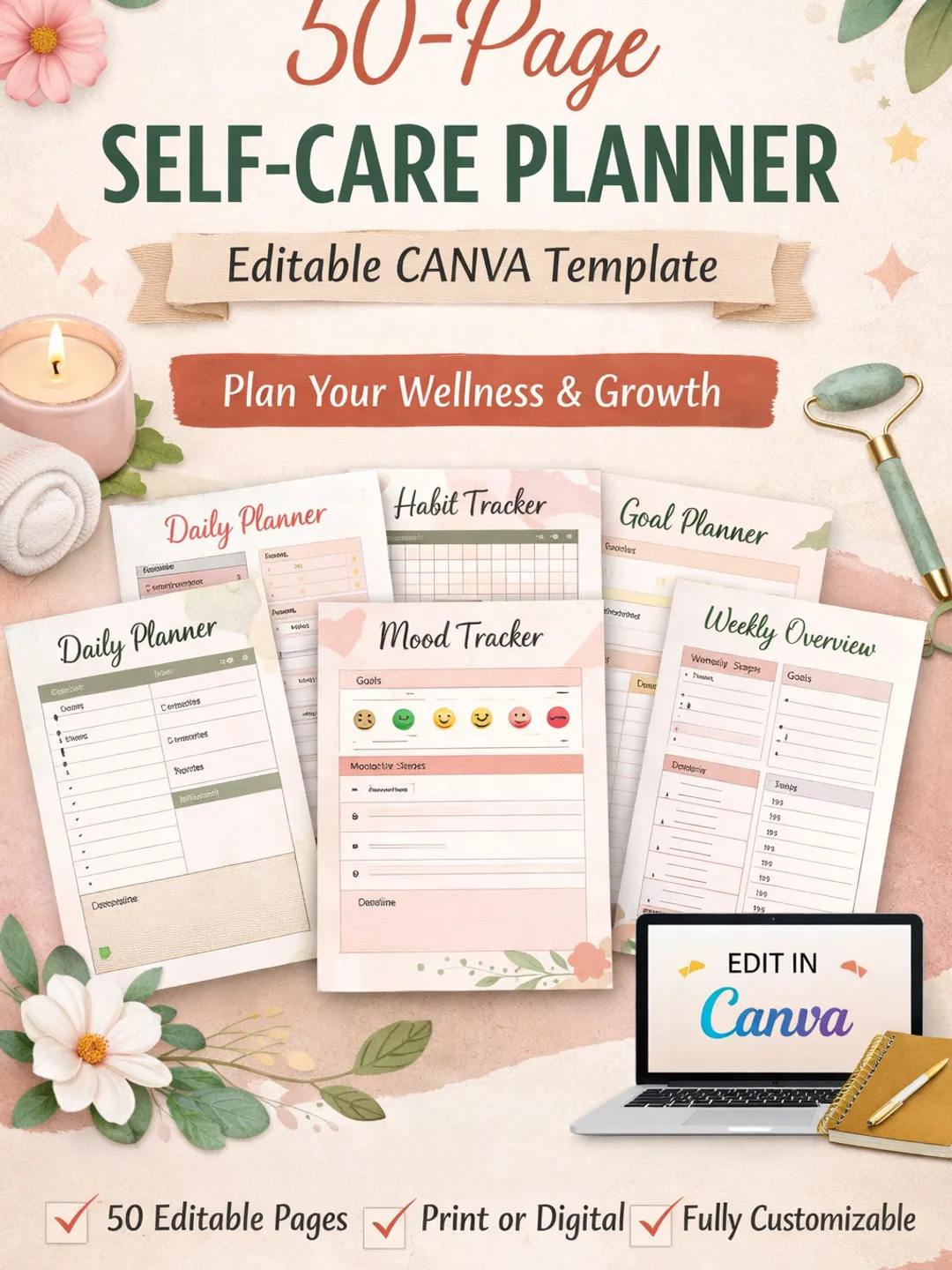 50-Page Self-Care Planner – Printable & Editable Canva Template