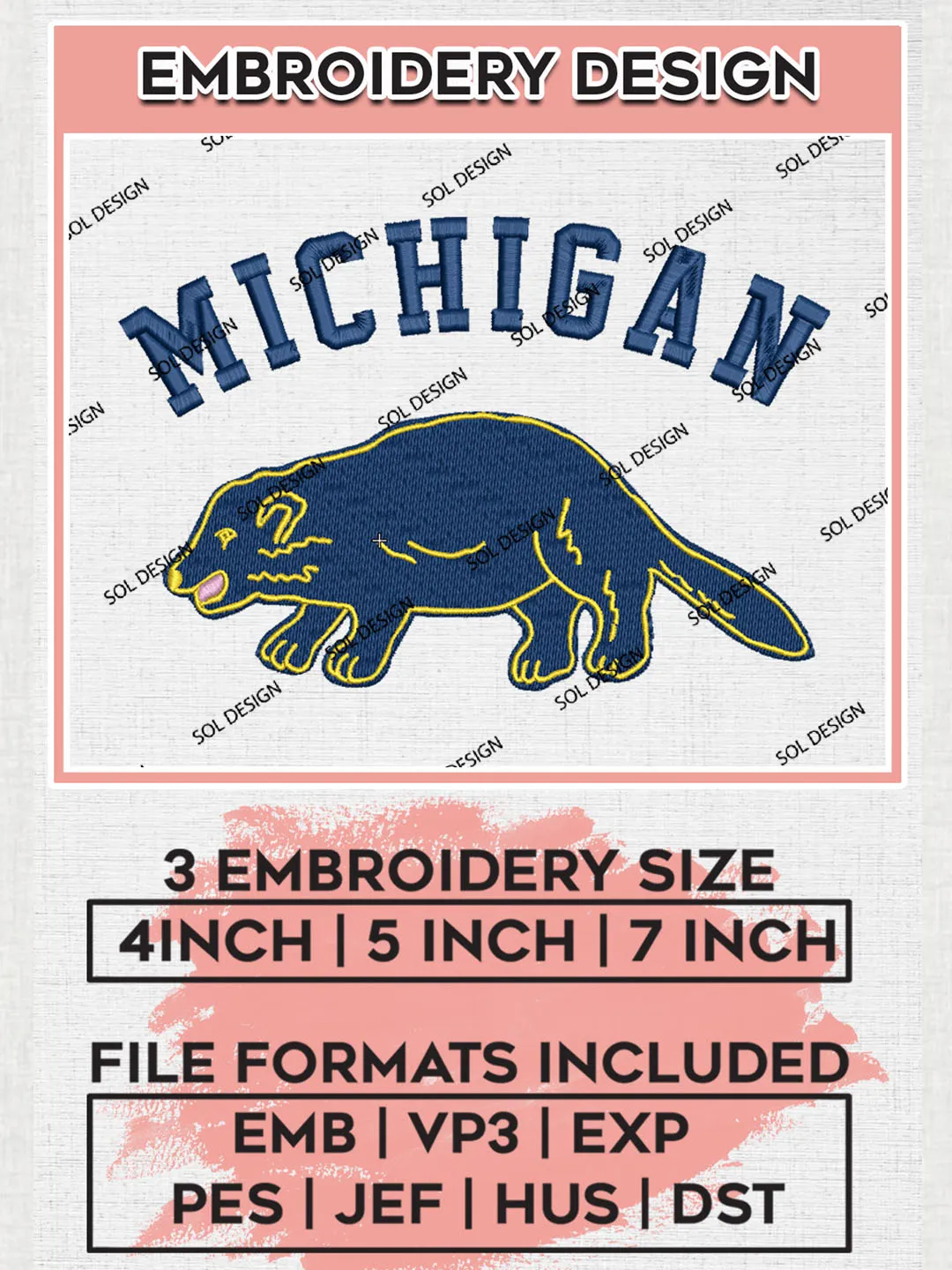 NCAA Michigan Wolverines Team Mascot Logo Embroidery Design Files, NCAA Michigan Wolverines Machine Embroidery, NCAA Teams, 3 sizes, NCAA Machine embroidery designs, Digital Download