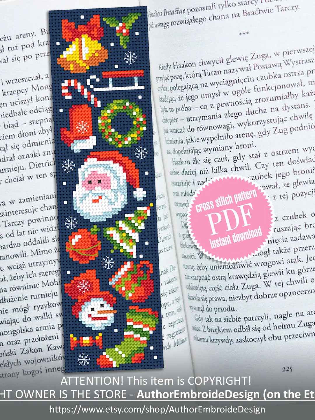 Christmas bookmark cross stitch pattern PDF download Christmas sampler cross stitch chart Bookmark pattern digital PDF Book lover gift #B230