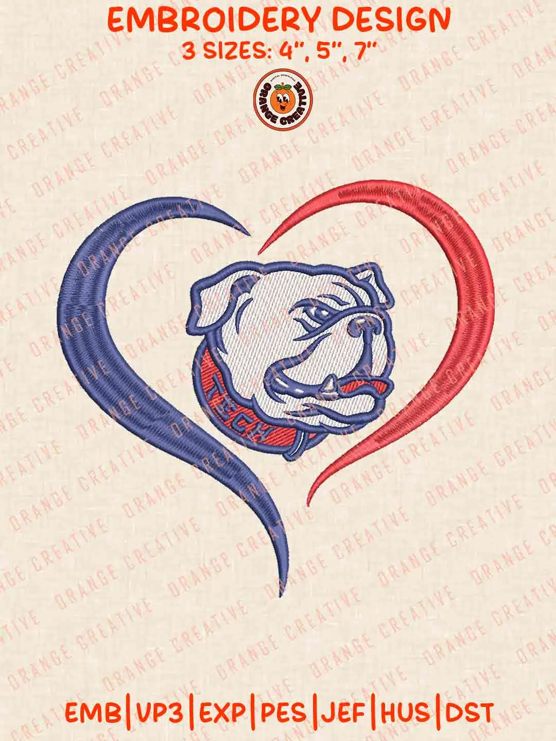 Louisiana Tech Bulldog Heart Embroidery Design Files, Football Embroidery Designs, Sport Machine Embroidery Files, 3 Sizes, Custom Sizes, Instant Download