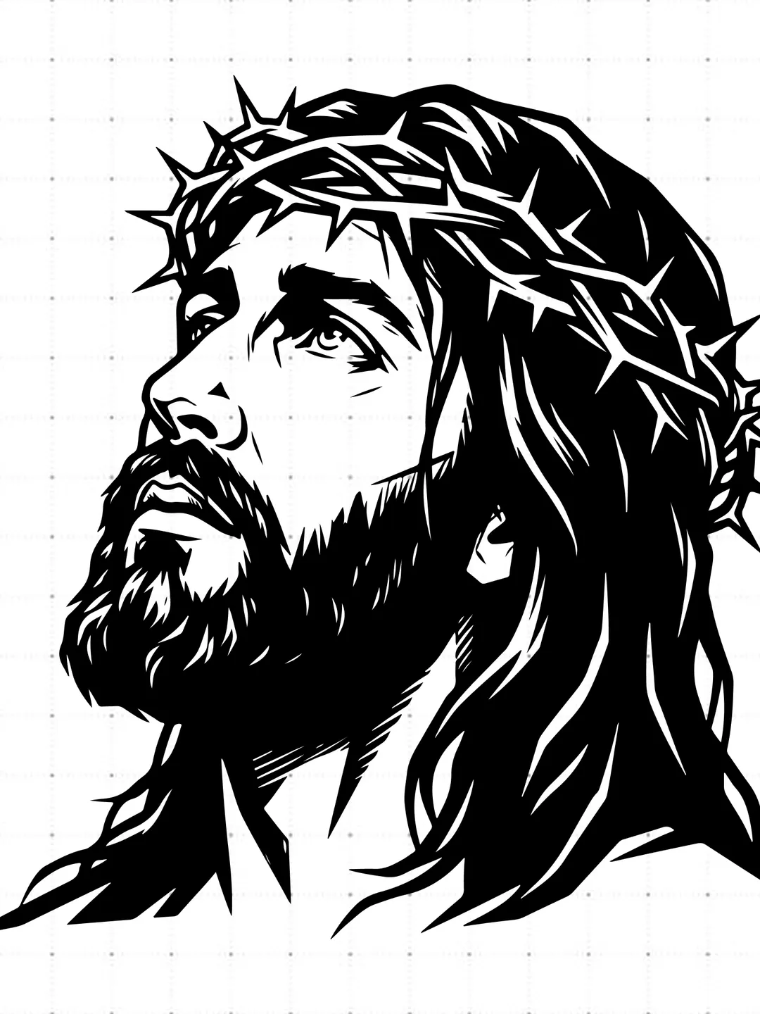 Jesus Looking Up Crown Of Thorns SVG, Three Quarter Profile Jesus SVG, Christian Faith Portrait Cut File, Holy Jesus Face Vector, Religious T-Shirt Design, Savior Graphic for Cricut Silhouette