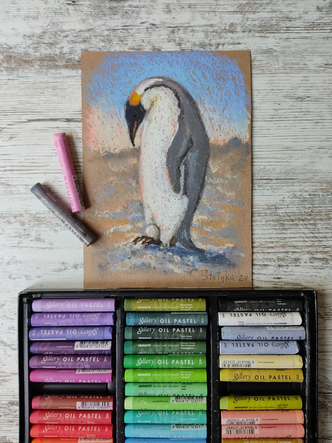 Penguin. Original oil pastel painting.