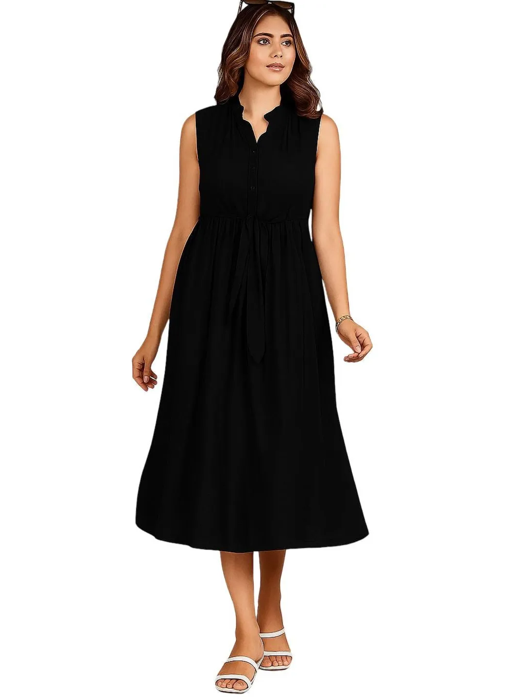 black cotton summer dress midi Women's V-Neck Cotton Linen Midi Dress Flutter Sleeve Ruffle Trim SummerElegant
