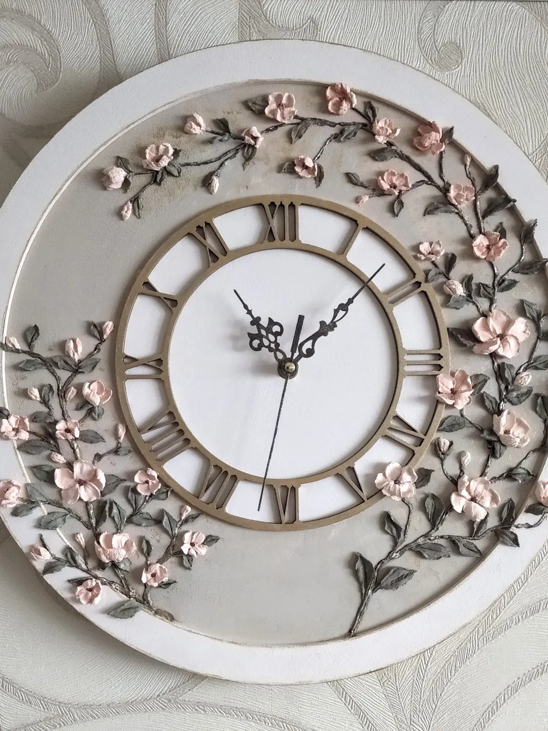 White gray wall clock with voluminous sakura Handmade clock Silent clock for bedroom, living room or nursery Gift for Christmas, Birthday, Mother's Day, Wedding, Housewarming