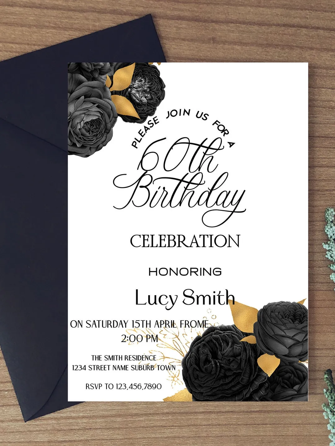 Black and Gold Floral Invites, 60th Adult Birthday, , Printable, Editable Template ,Birthday Invitation
