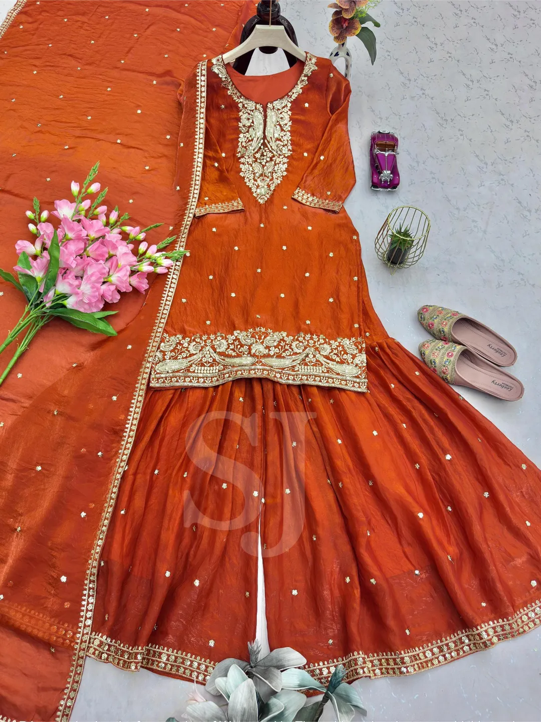 Pakistani Designer Wedding Salwar Kameez Readymade Suits, Fully Stitched Kurta Palazzo Dupatta Set, Women's 3 Piece Combo Suit, Orange Suit