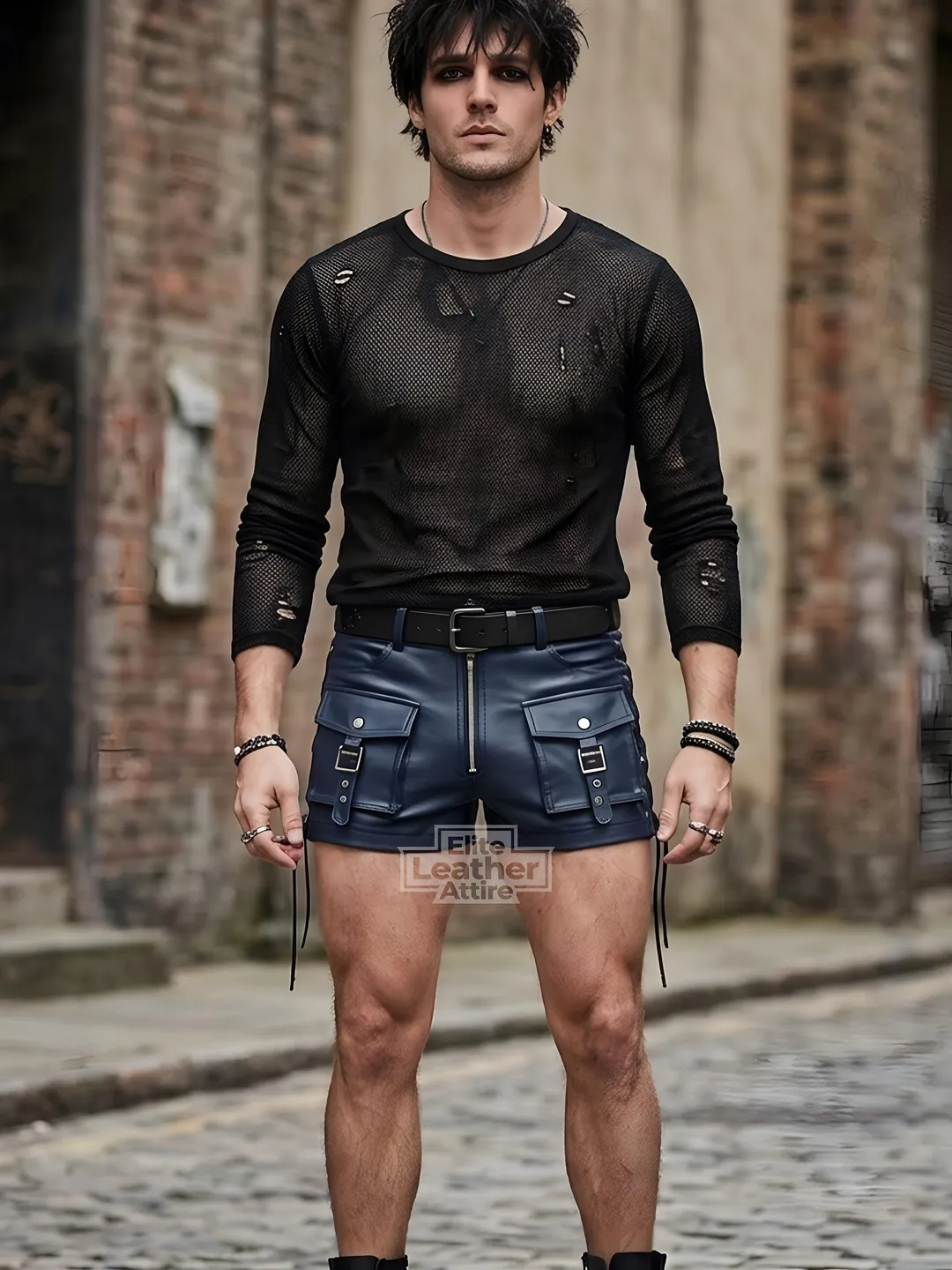 Men's Navy Blue Genuine Leather Biker Shorts: Gothic Lace-Up