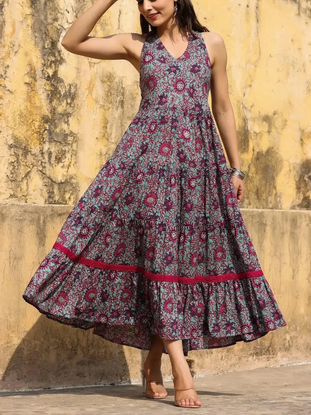 indian boho maxi dress Olive Green Floral Block Print Cotton Maxi Dress Indian Boho Long Dress