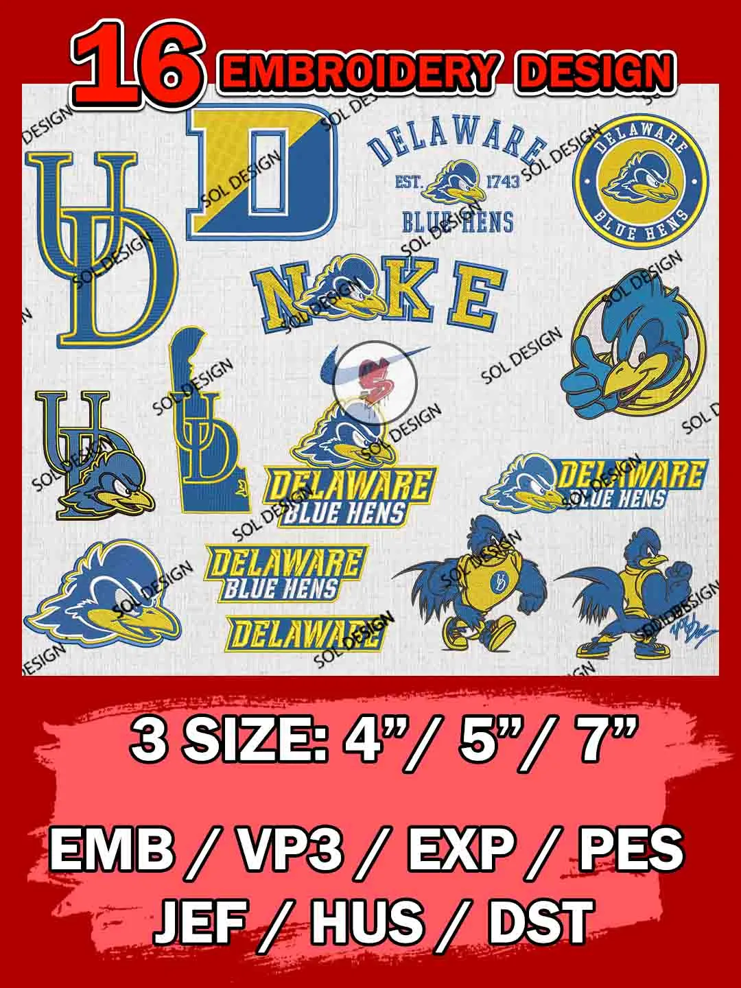 16 NCAA Delaware Blue Hens Bundle Embroidery Files, NCAA Delaware Blue Hens Team Bundle Embroidery Designs, NCAA Teams, National College Football Team 3 sizes, NCAA Delaware Machine Embroidery, Digital Download
