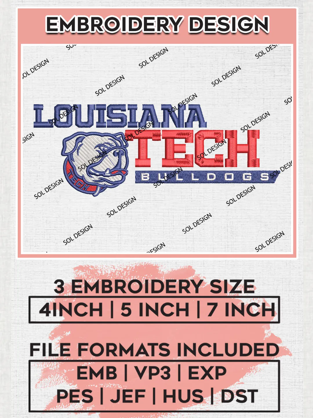 NCAA Louisiana Tech Bulldogs Football Team Logo Embroidery Design Files, NCAA Louisiana Tech Bulldogs Machine Embroidery, NCAA Teams, Game Day, 3 sizes, NCAA Machine embroidery designs, Digital Download