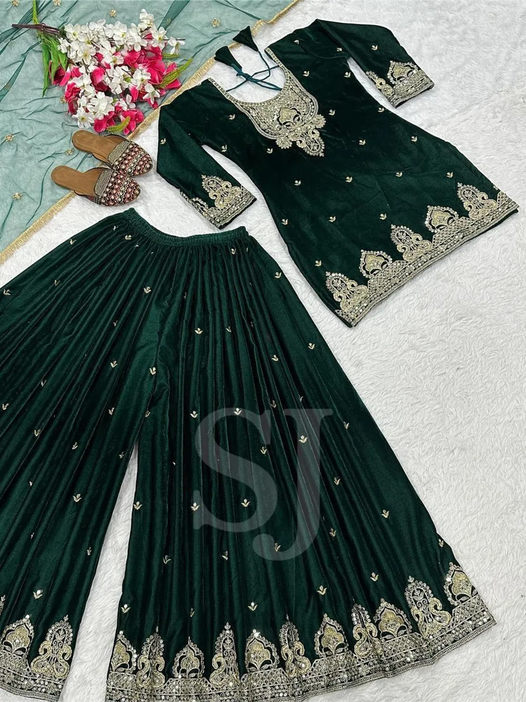 Green Kurta Palazzo With Designer Dupatta Set, Velvet Kurta Palazzo Set, Winter Wear Suits, 3 Piece Combo Set, Women Wedding Partywear Suit
