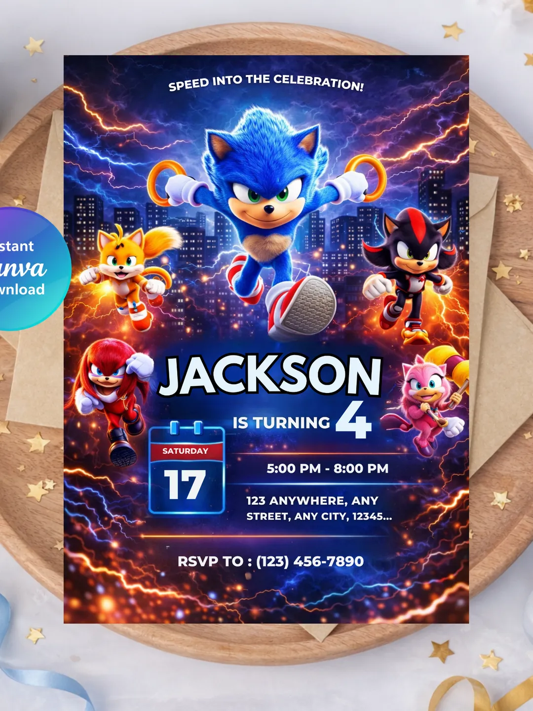 Sonic Birthday Invitation Editable Template, Sonic Party Invite, Sonic Birthday Party Invitation, Kids Sonic Invite, Digital Download in Canva Size 5x7
