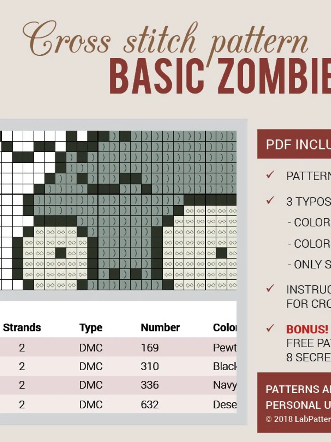 Zombie Pattern Stitch Cross stitch pattern Basic Zombie Cross stitch pattern Plants vs ...