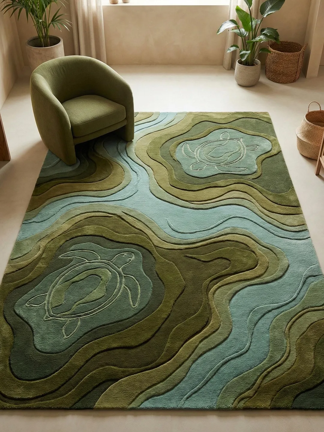Hand Tufted Moss Wool Modern Turtle Rug, Green Abstract Nature Inspired ...