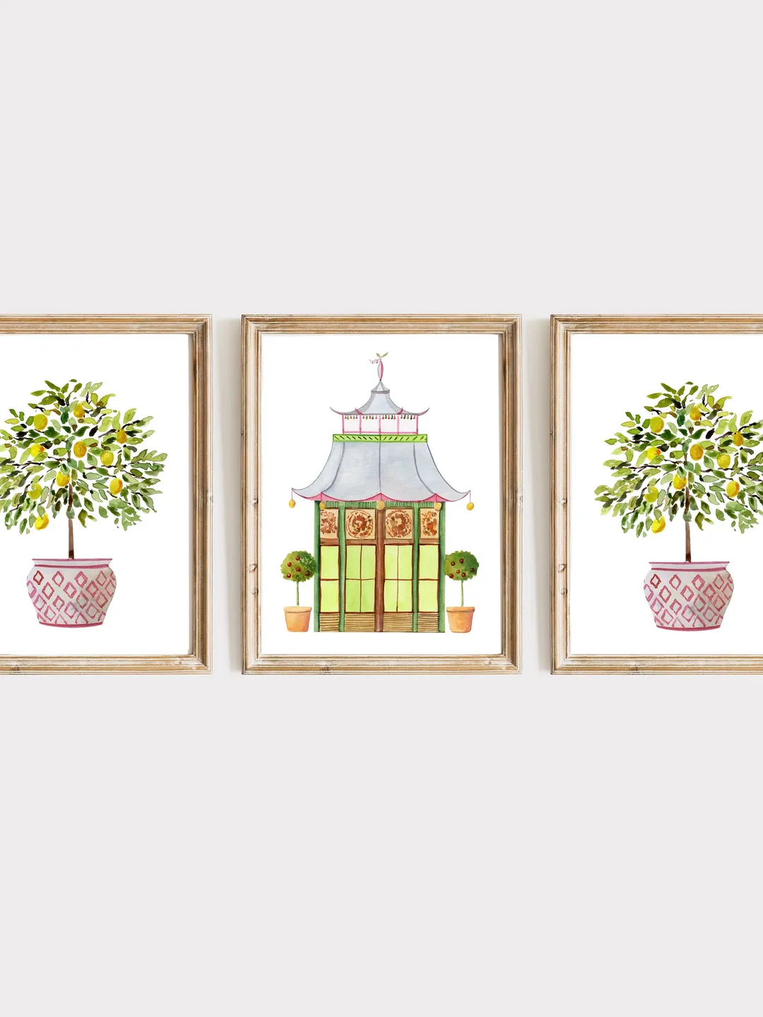 Pagoda Set Of 3 Prints Watercolor Painting Lemon Tree Art Print Chinoiserie Wall Art Asian Print Chinese Pagoda Art Gift For Home Tree Art