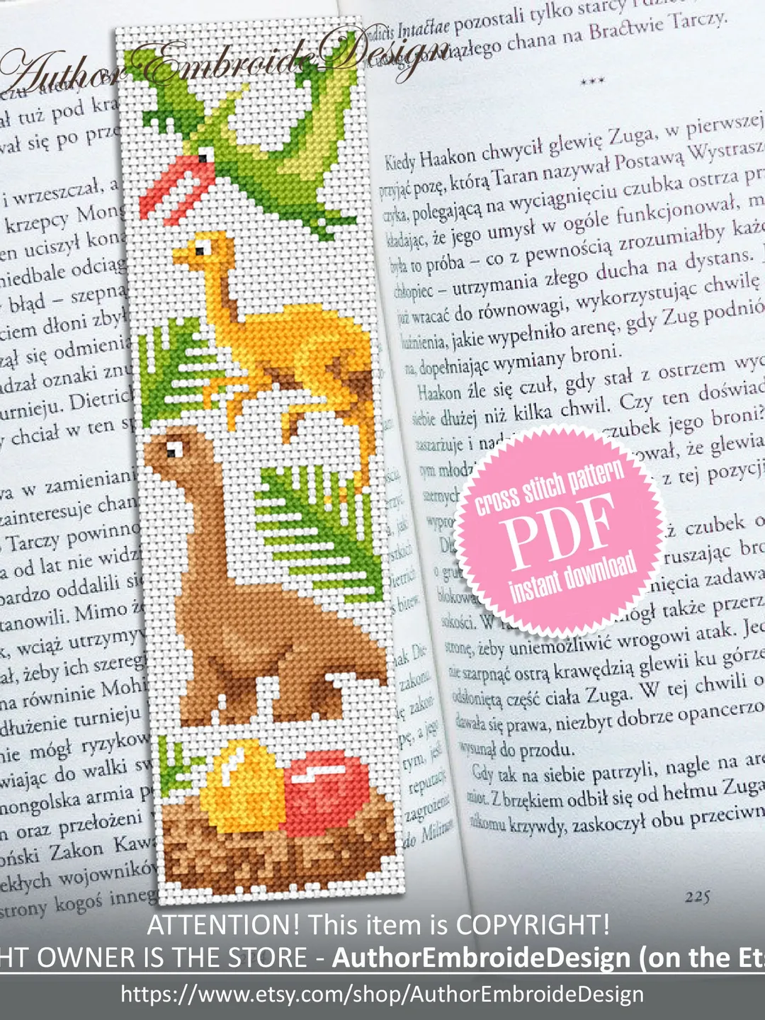 Dinosaur bookmark cross stitch pattern PDF download Baby dinosaur cross stitch chart, Bookmark pattern digital PDF, Dinosaur gifts #B276