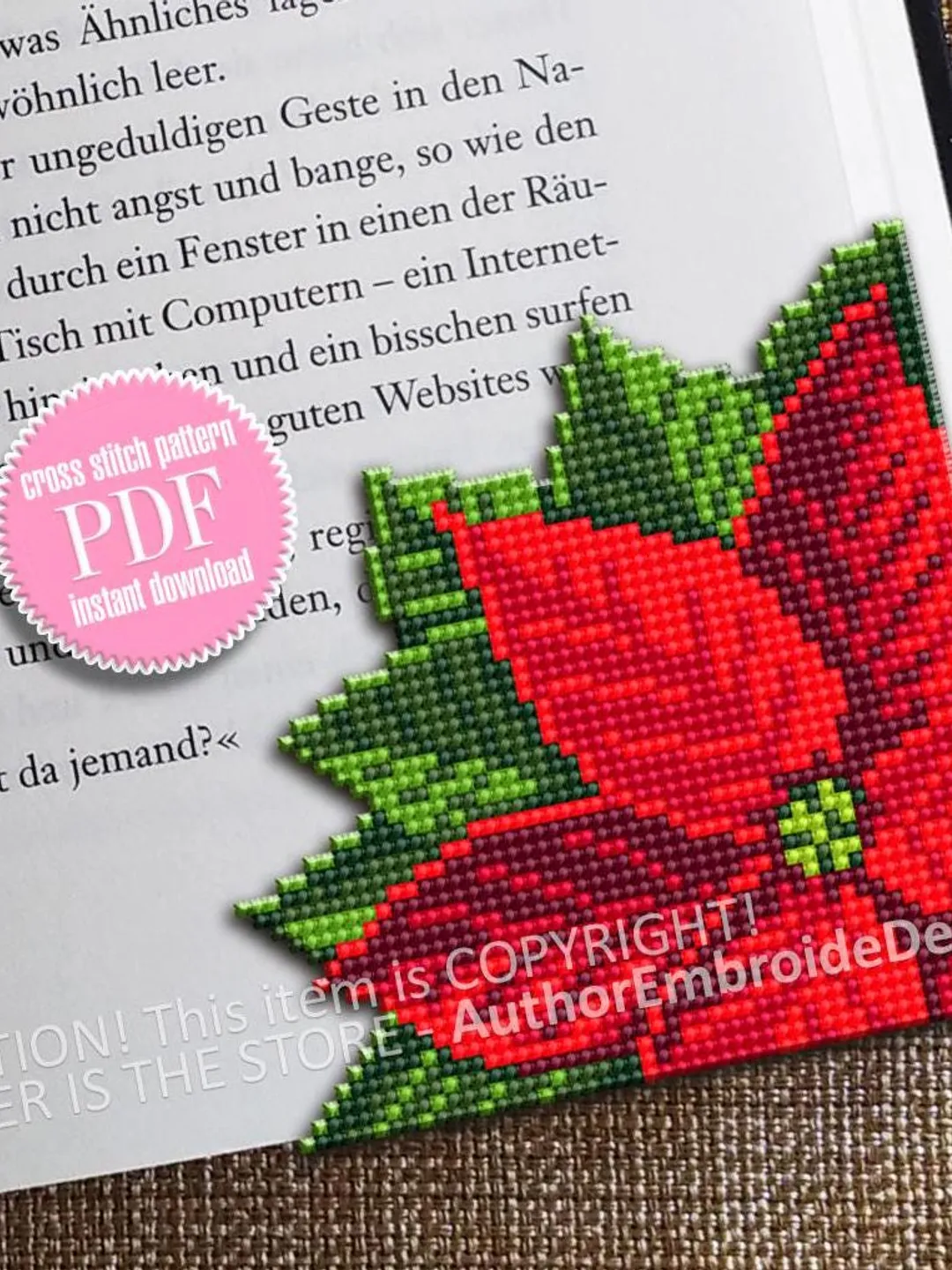 Poinsettia Corner bookmark cross stitch pattern PDF download Christmas flower cross stitch chart, Christmas bookmark pattern digital #B392