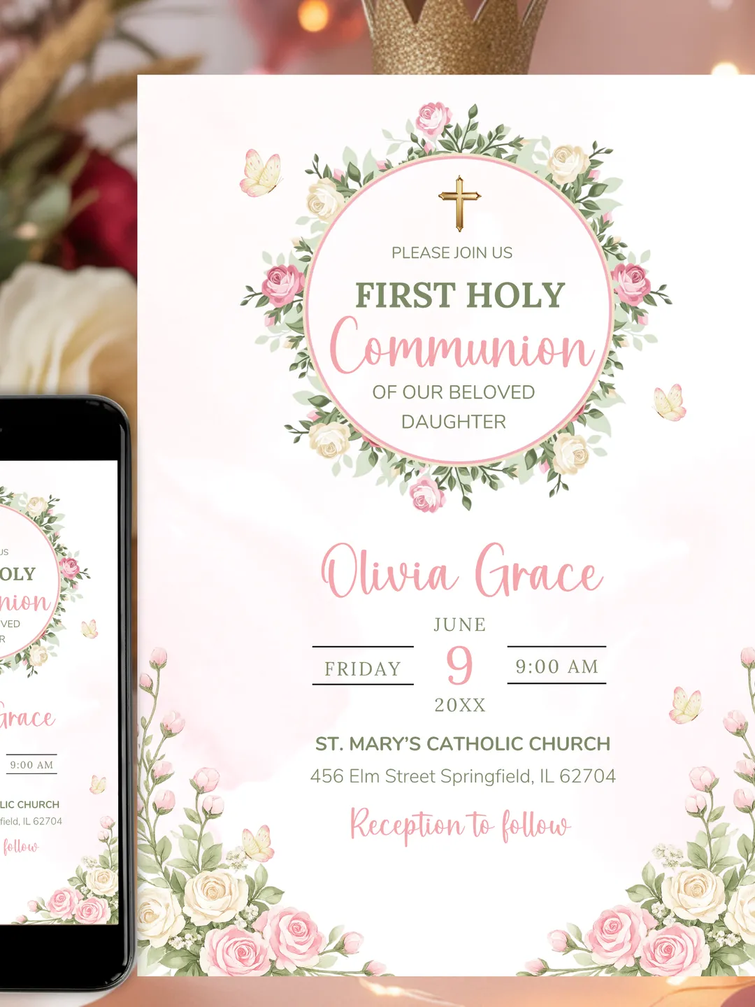 Pink Wildflowers and Butterflies First Holy Communion Invitation Template, Girl Communion Invite Printable, Floral Catholic Communion Card Pink Wildflowers and Butterflies First Holy Communion Invitation Template, Girl Communion Invite Printable, Floral Catholic Communion Card
