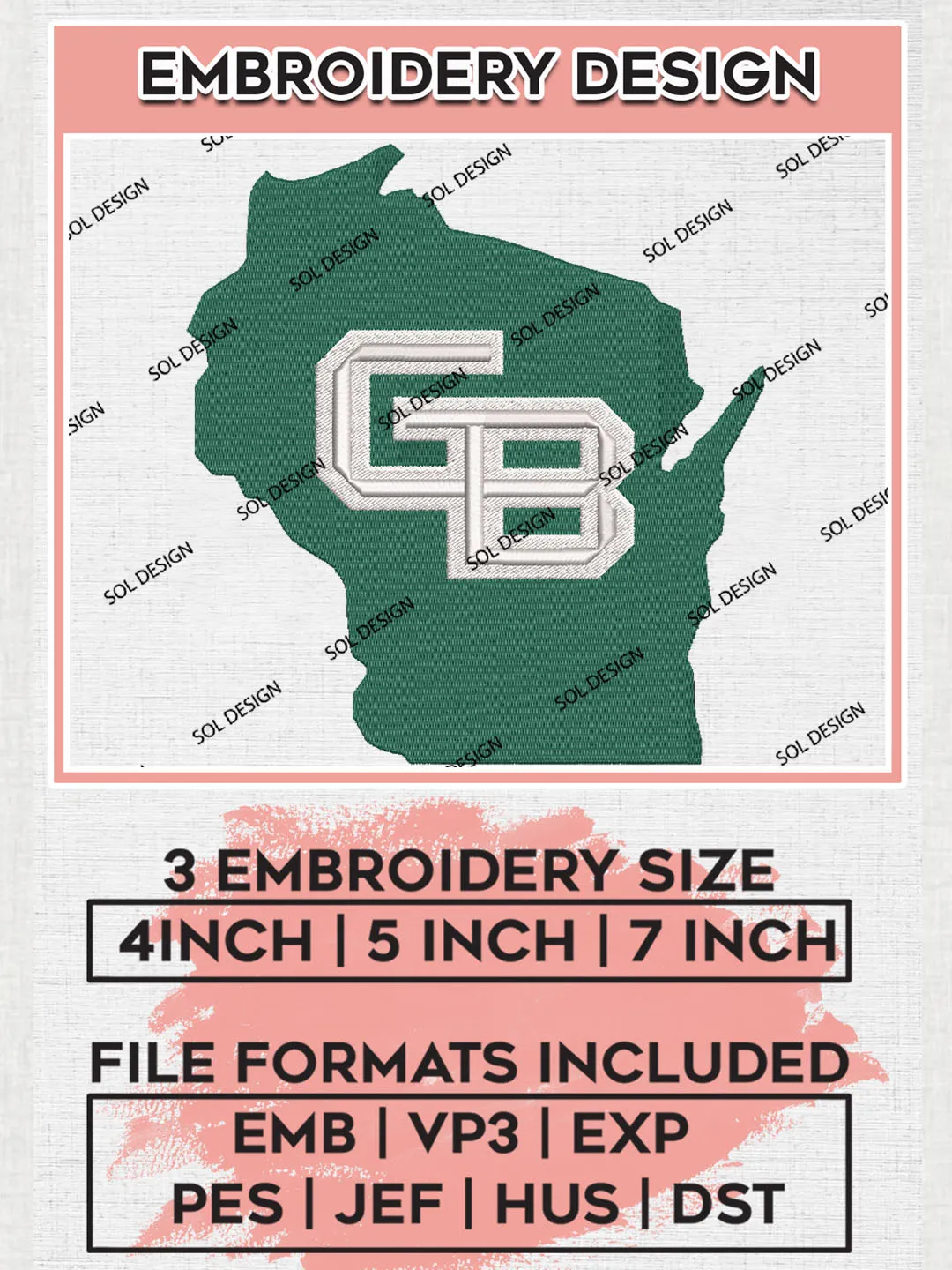 NCAA GB Phoenix College Football Team Map Logo Embroidery Design Files, NCAA Green Bay Phoenix Machine Embroidery, NCAA Teams, Game Day, 3 sizes, NCAA Machine embroidery designs, Digital Download