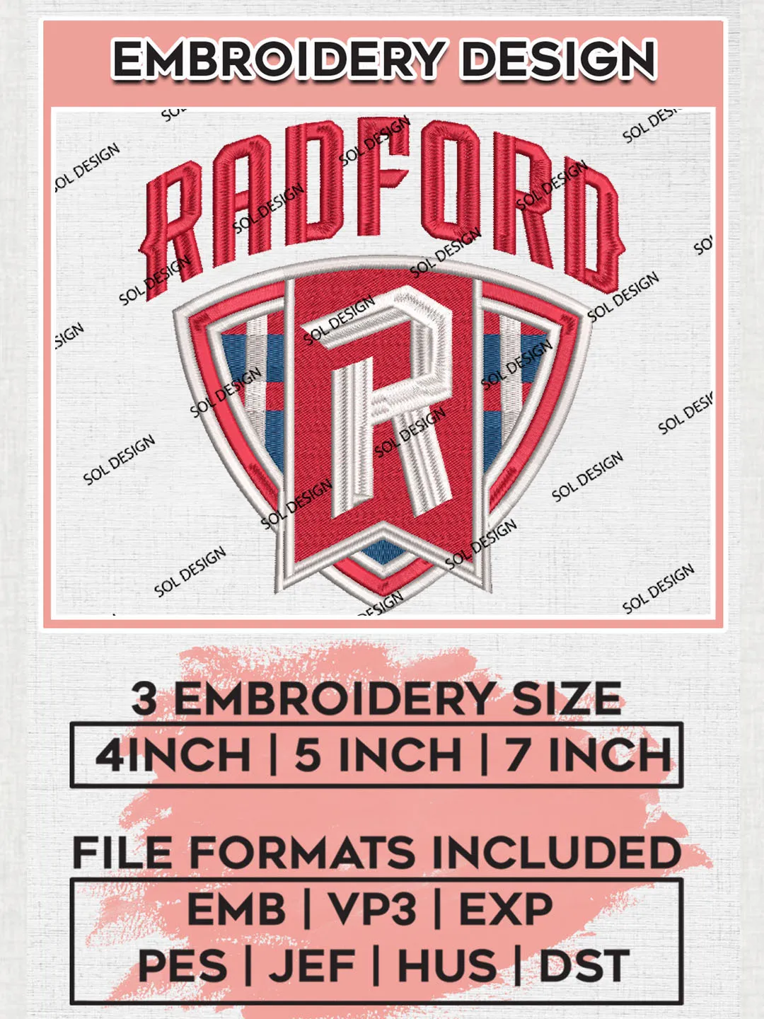 NCAA Radford Team Logo Embroidery Design Files, NCAA Radford Highlanders Machine Embroidery, NCAA Teams, 3 sizes, NCAA Machine embroidery designs, Digital Download