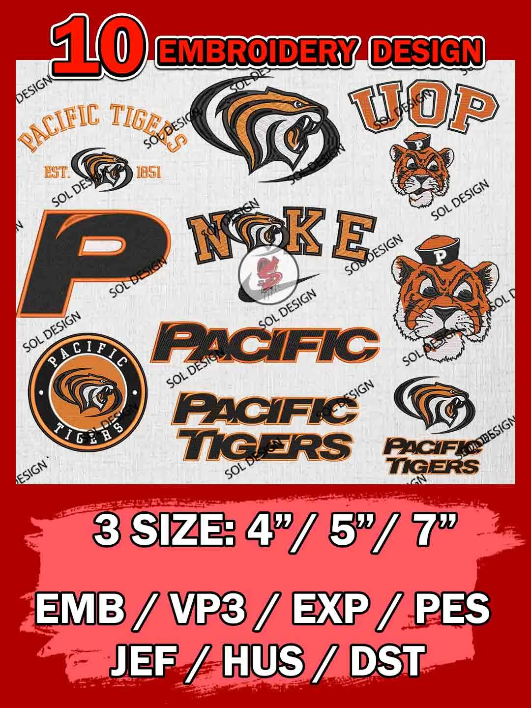10 NCAA Pacific Tigers Bundle Embroidery Files, NCAA Pacific Tigers Team Bundle Embroidery Designs, NCAA Teams, National College Football Team 3 sizes, NCAA Pacific Machine Embroidery, Digital Download