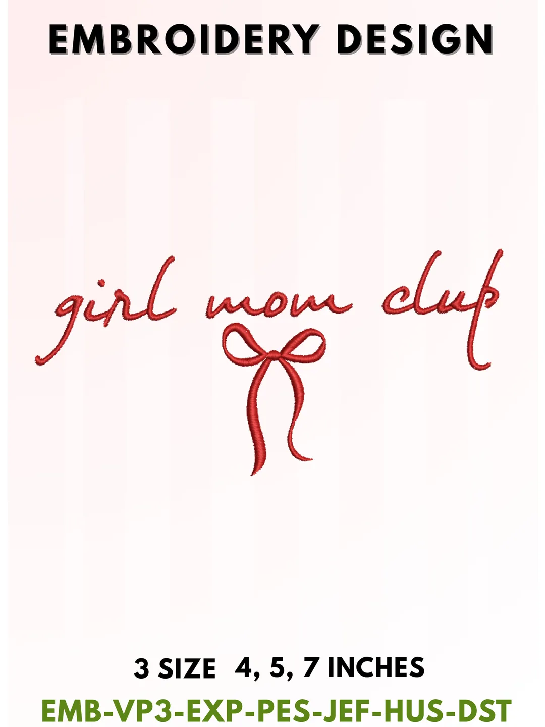 Girl Mom Club Embroidery, Red Cursive Script Typography, Minimalist Coquette Ribbon Bow Design, Aesthetic Motherhood Social Club Art, 3 Sizes