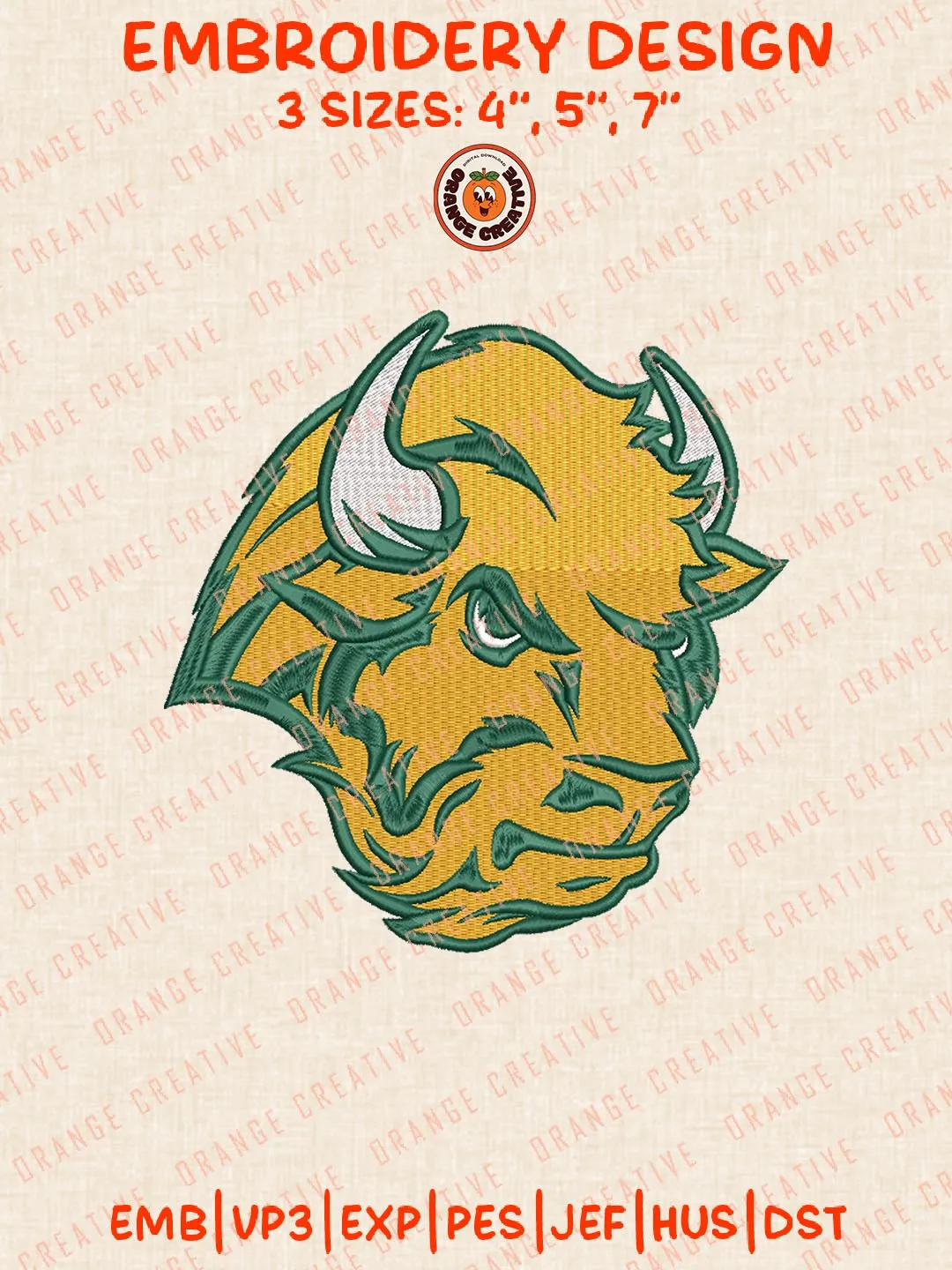 North Dakota State Bison Head Mascot Logo Embroidery Design Files, NCAA Logos Embroidery Designs, NCAA North Dakota State Bison Machine Embroidery Files, 3 Sizes, Custom Sizes, Instant Download