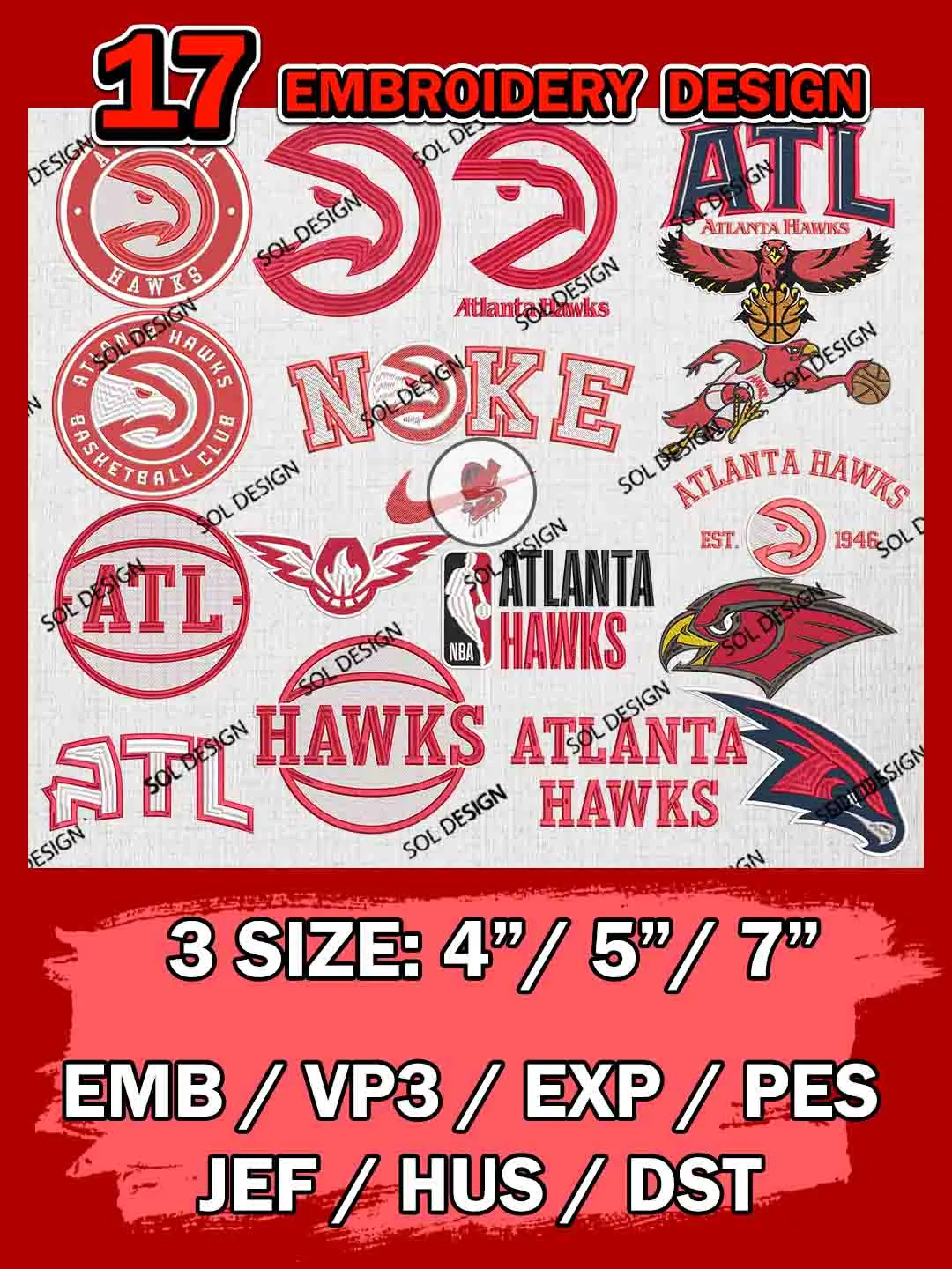 NBA Atlanta Hawks Bundle Embroidery Files, NBA Atlanta Hawks Team Embroidery, NBA Teams, National Basketball Association 3 sizes, NBA Hawks Basketball Machine embroidery designs, Digital Download