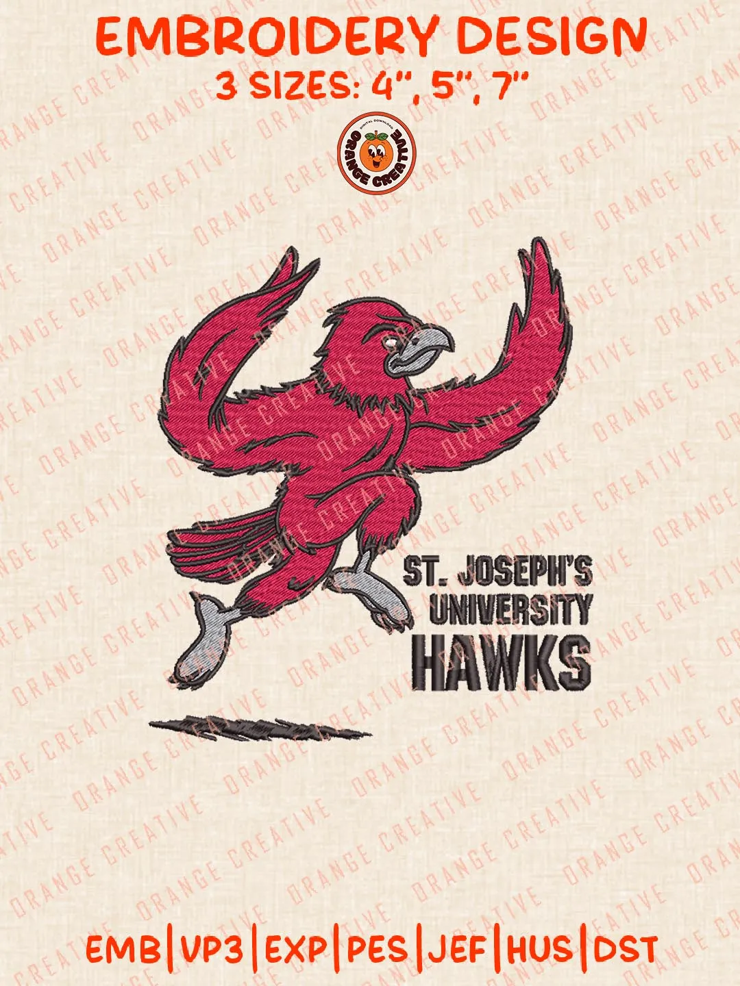NCAA Saint Josephs Hawks Logo Embroidery Design Files, NCAA Logos Embroidery Designs, NCAA Saint Josephs Hawks Machine Embroidery Files, 3 Sizes, Custom Sizes, Instant Download