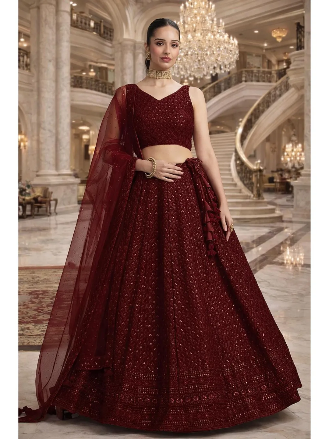 Maroon Ready To Wear Lehenga Choli: Indian Wedding Wear, Sequins Embroidery