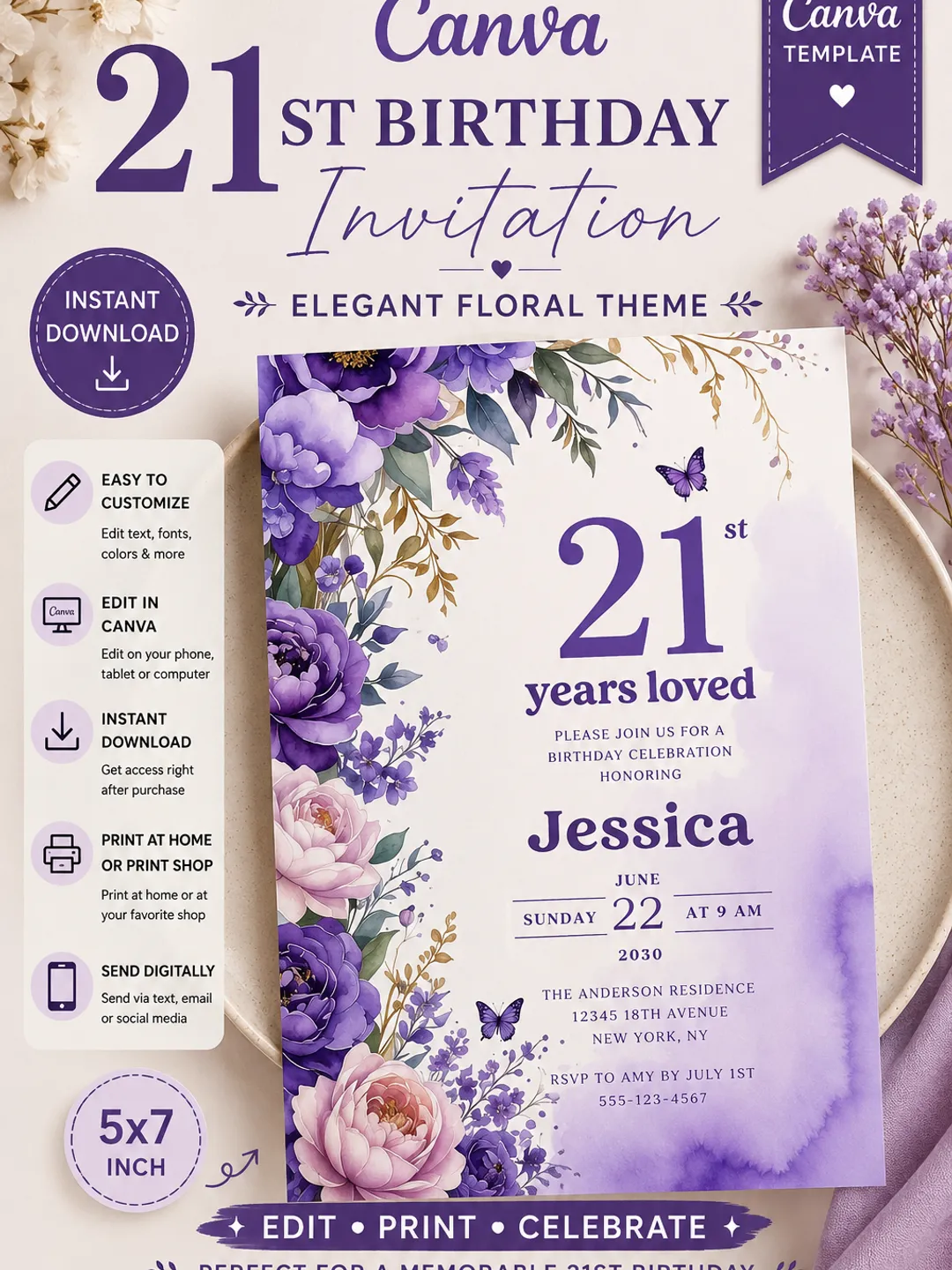 21st Birthday Invitation Canva Template, Purple Floral Butterfly Birthday Invite, Editable 21 Years Loved Party Invitation Digital Download