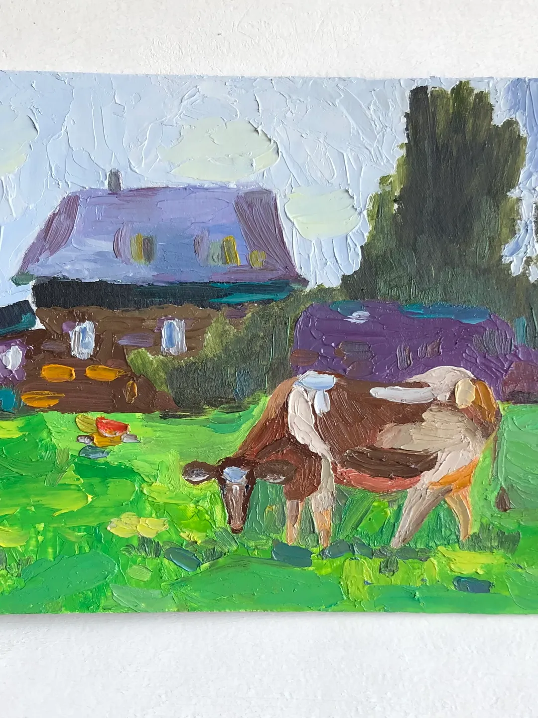 In the village Cow original oil painting hand painted impasto painting farmhouse wall art 6x9 inches