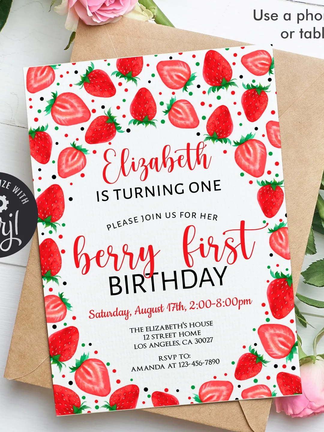 Berry First Birthday Invitation, Strawberry Birthday Invitation, 1st Birthday Invitation Girl, Summer Invitaton Editable Template