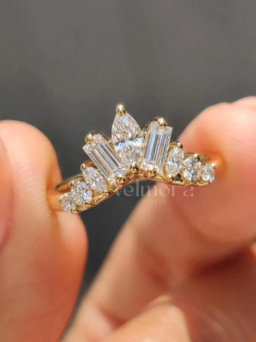 Moissanite Crown Ring, 14K Yellow Gold, Baguette Marquise Bridal Jewelry