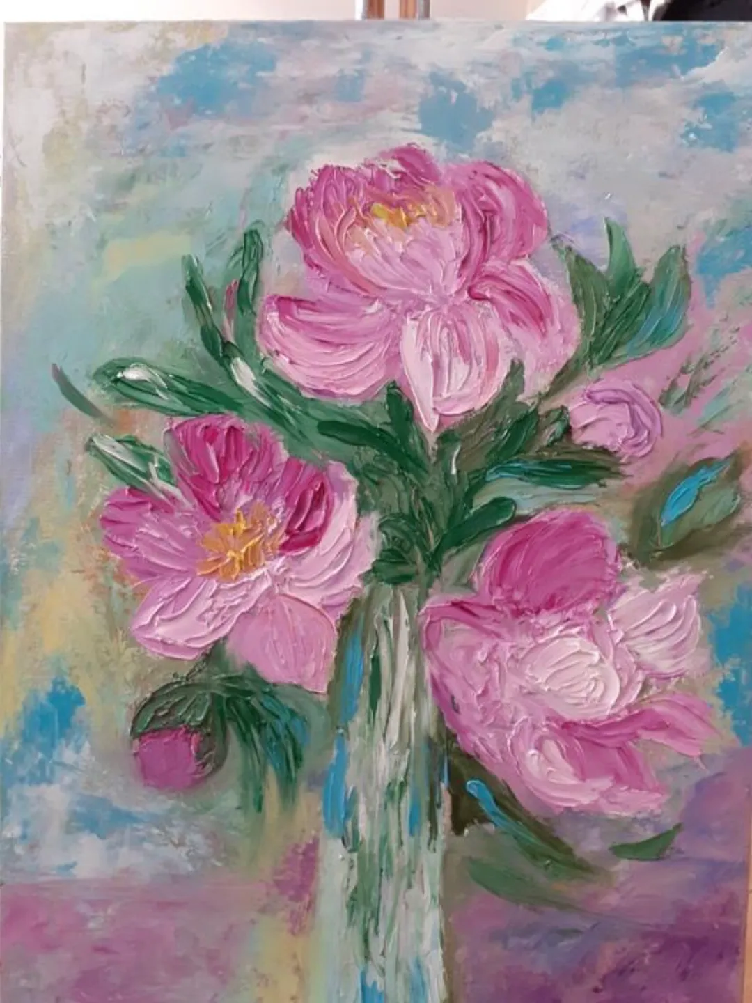 Oil Painting Peonies in a Glass Vase Flowers Bouquet of Peonies Still Life Canvas 16 inches x 12 inches 24 cm x 18 cm Modern Art 3 D Image Impasto Wall Decor
