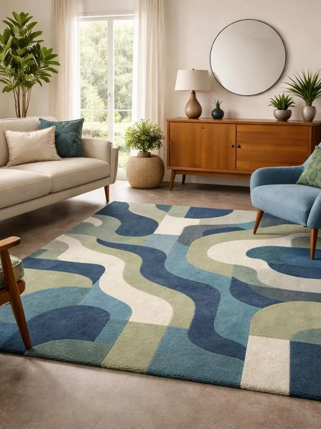 その他 rug.rug Handmade Wool Area Rug, Retro Wavy Pattern, Mid Century Modern Decor