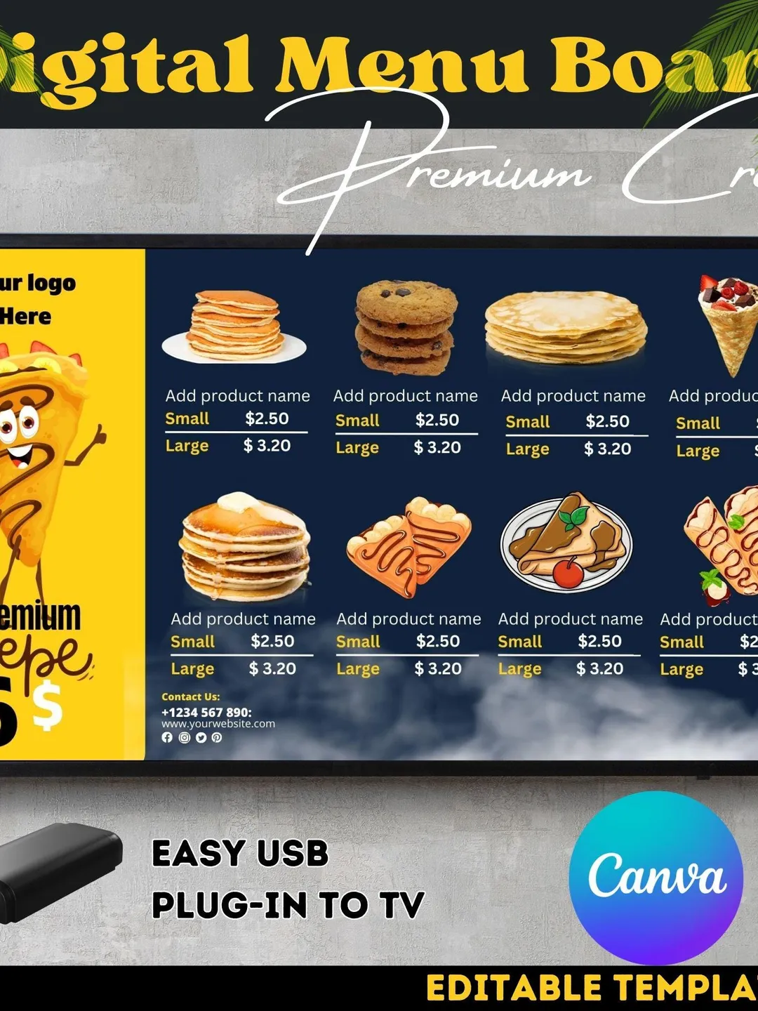 Crepe Restaurant TV Menu Board: Editable Canva Template